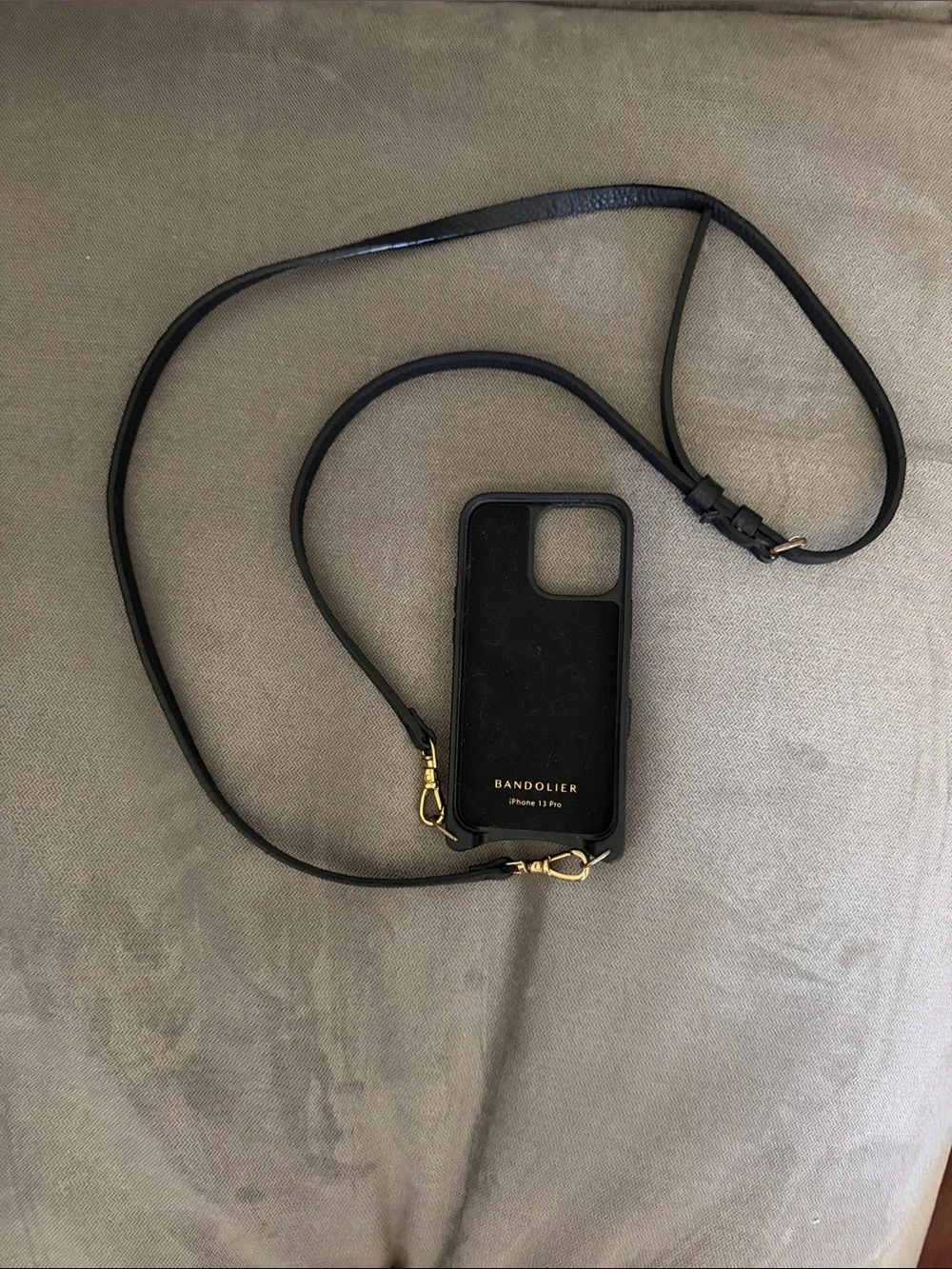 Bandolier Black Leather Crossbody Phone Case with Gold Hardware for 13pro